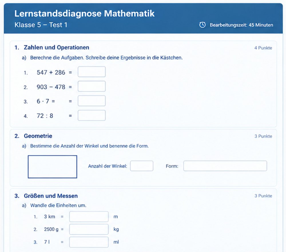Ausschnitt: Aufgaben der Lernstandsdiagnose Mathematik Klasse 5